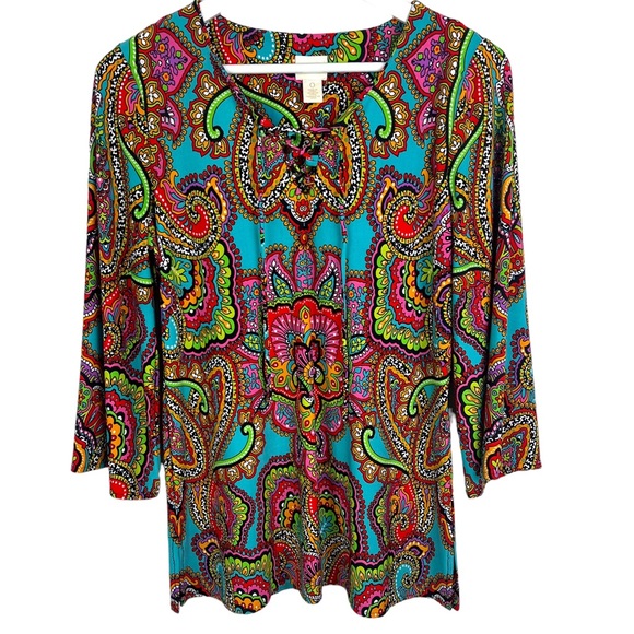 CHICOS Womens 0/4/S Multicolor Retro Paisley Print Top Blouse Criss Cross Tie - Picture 1 of 6